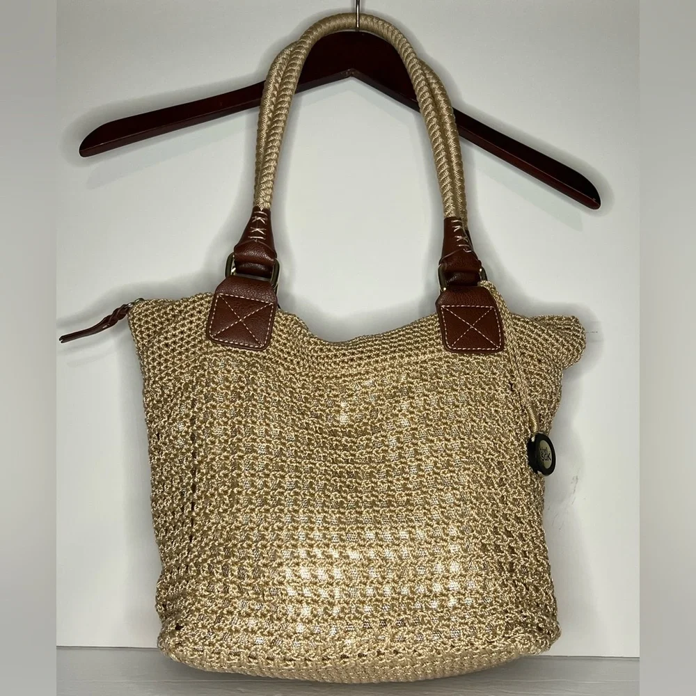 Vintage The Sak Macrame Gold Undertone Large Hobo Bag Shoulder Purse & Fob